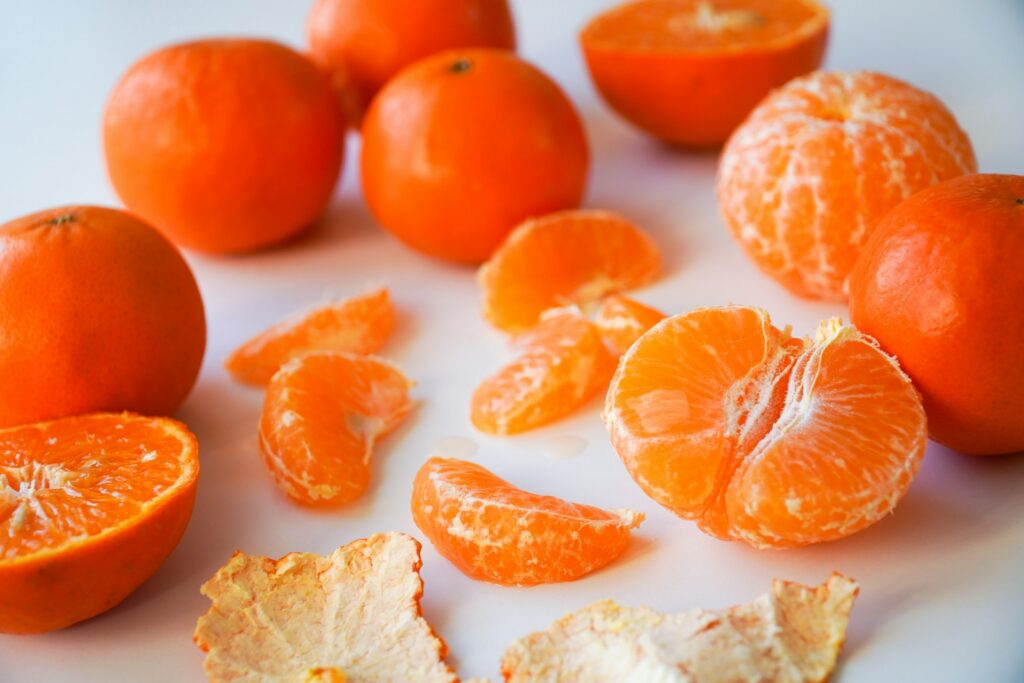 Peeled clementines on a table