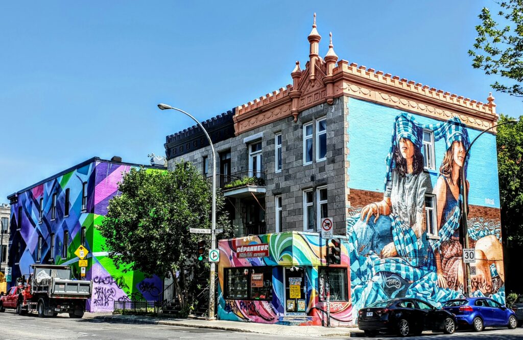 A bright blue street art display in Montreal