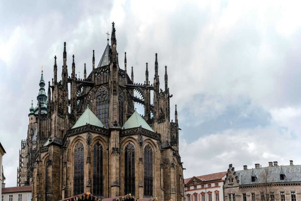 The tall spires and stained glass windows of Prague Castle