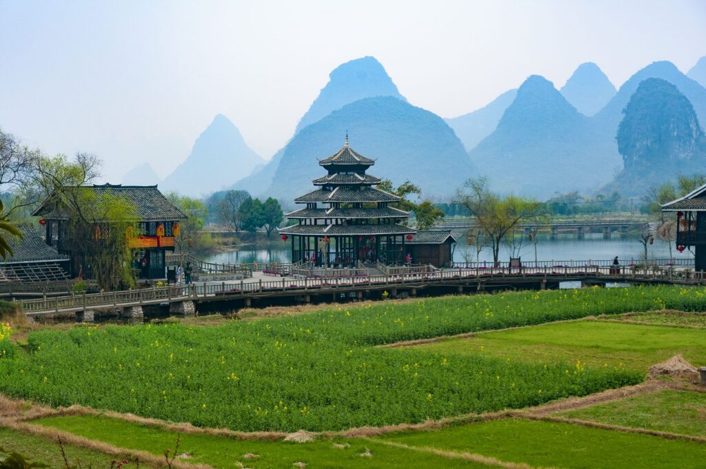 A historic Chinese building in the mountainous countryside