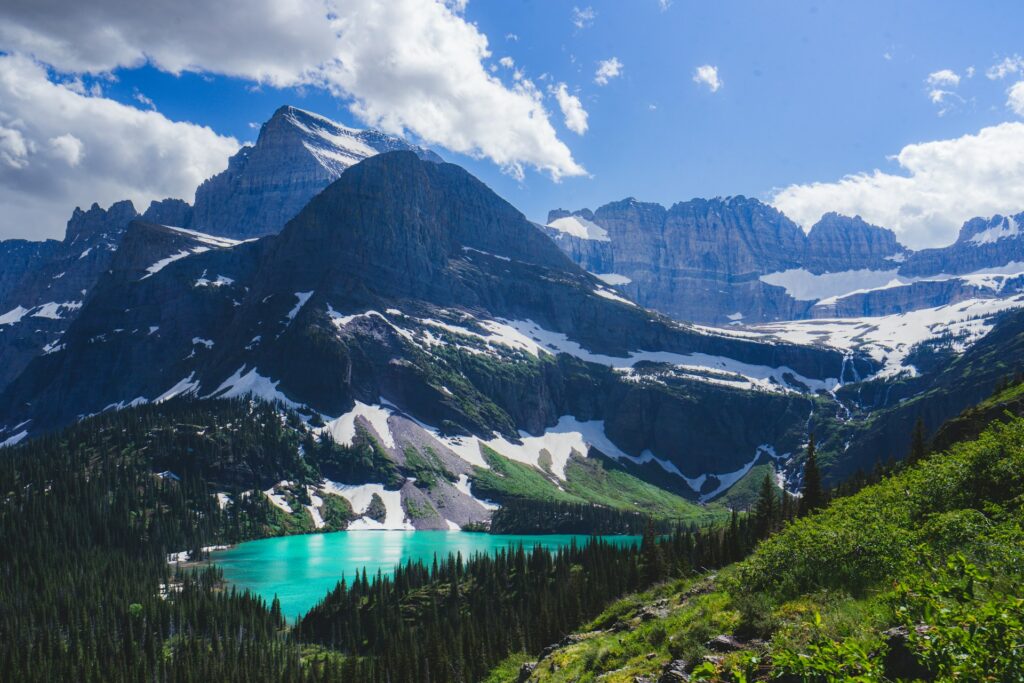 A snowy mountain range in Glacier National Park