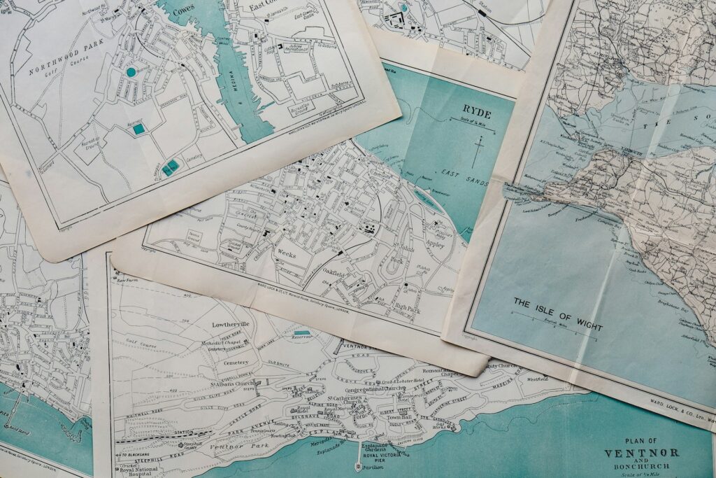 Blue and white maps of various roads
