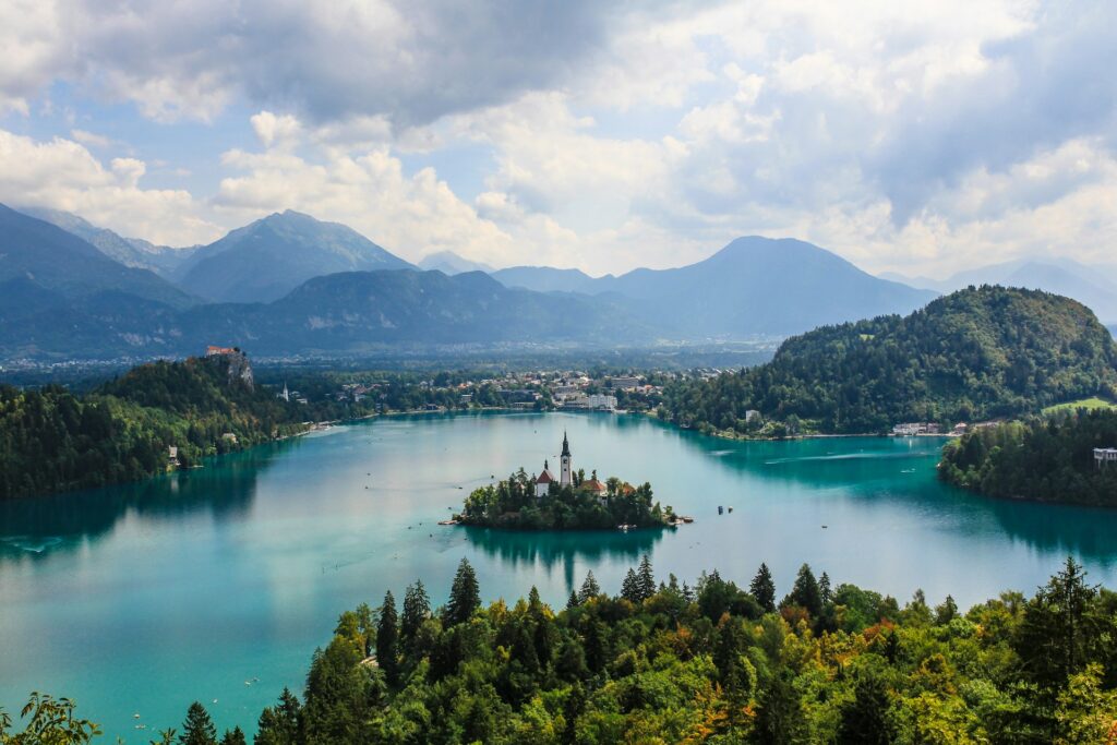 Cloudy skies and clear waters in Lake Bled, Slovenia