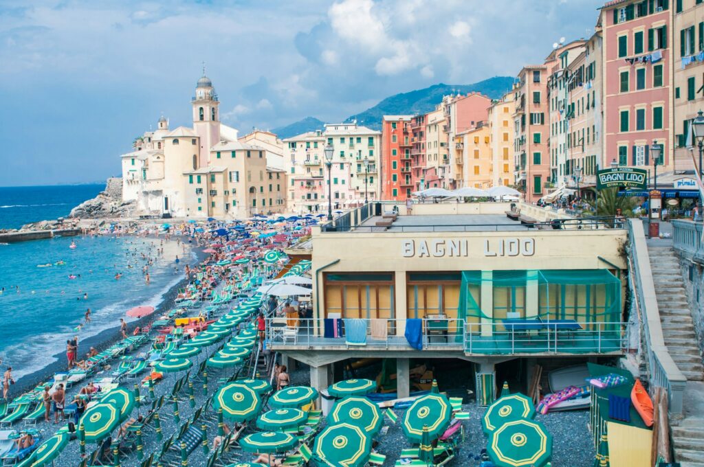 Colorful beach buildings in Camogli, Italy