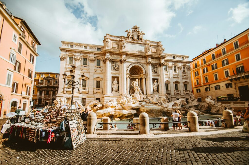 The Trevi Fountain in Rome, and surrounding buildings.