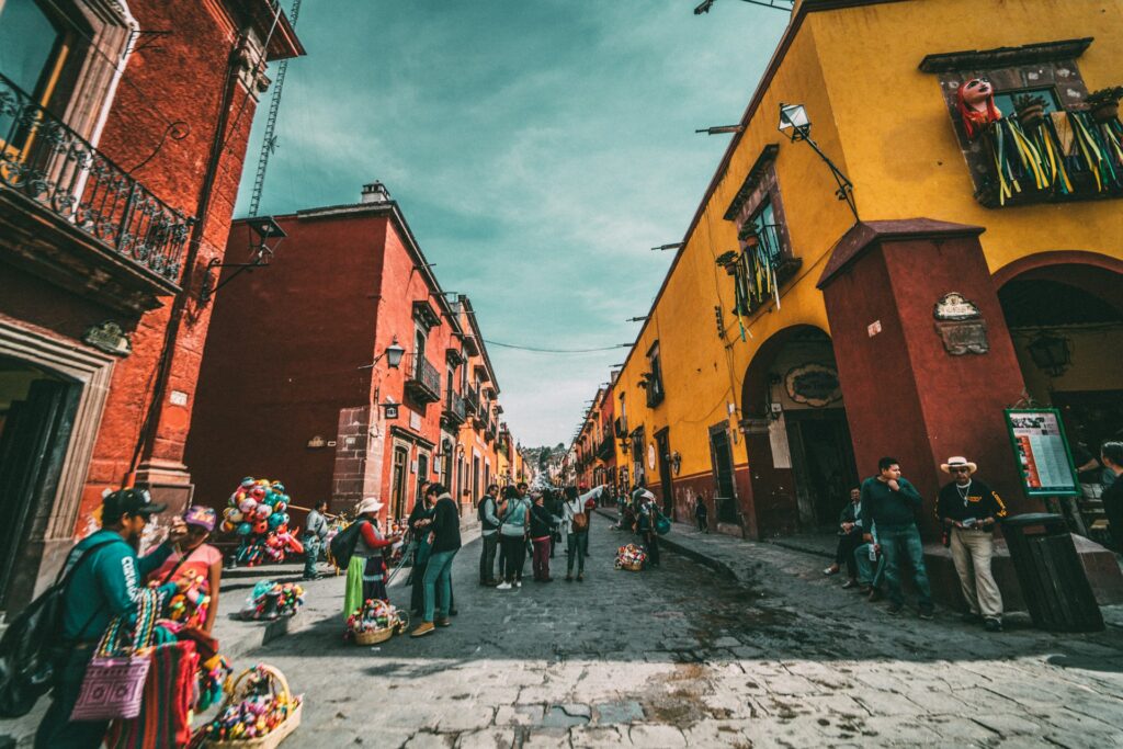 A lively colorful street in Mexico