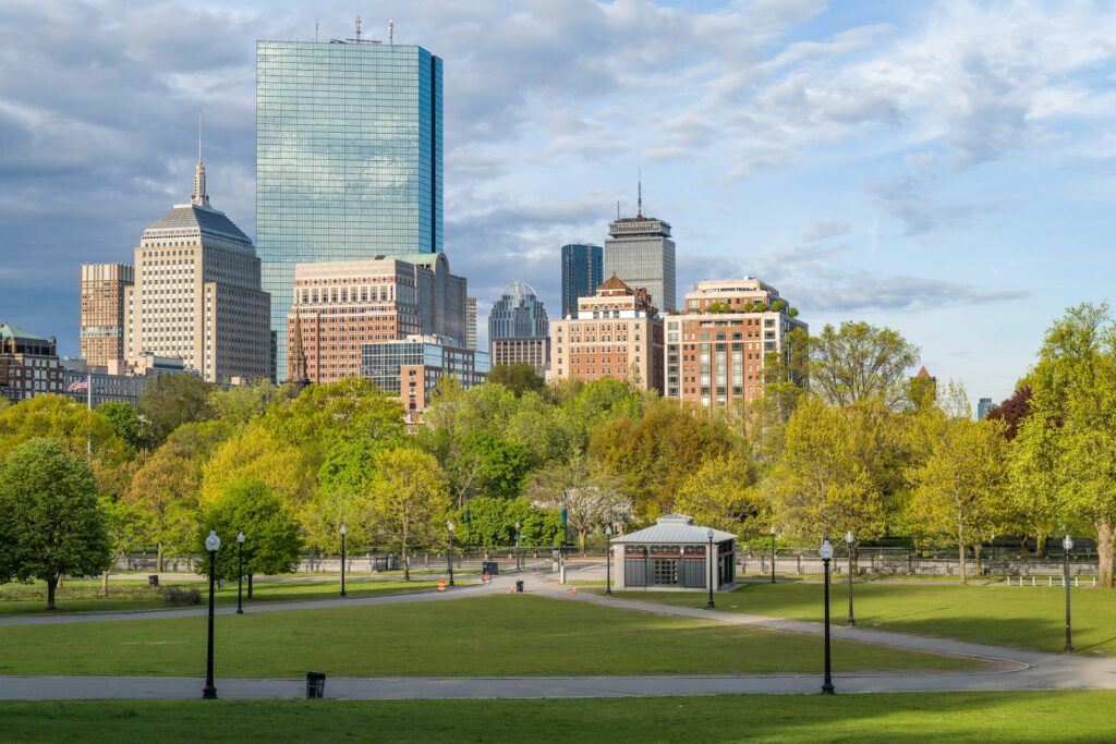 View of city buildings from the Boston Common