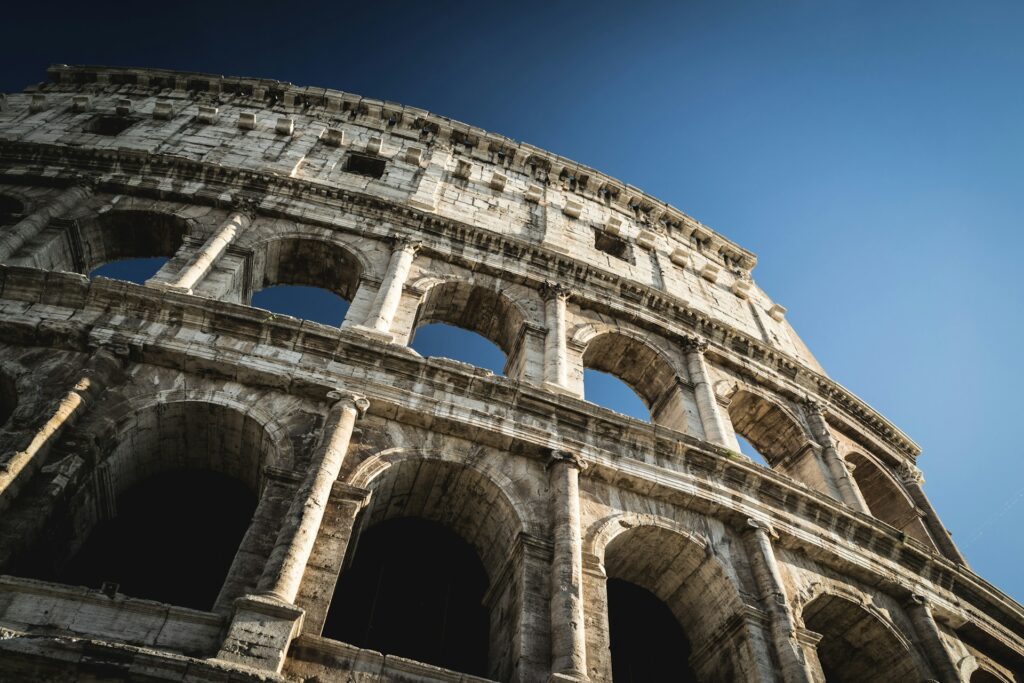 An upwards shot of the Colosseum