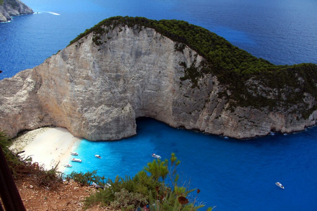 A picturesque seaside cove flanked by mountains
