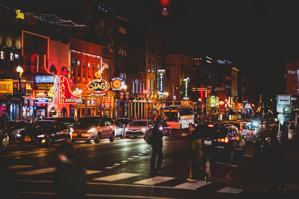 The lit up Broadway area in Nashville