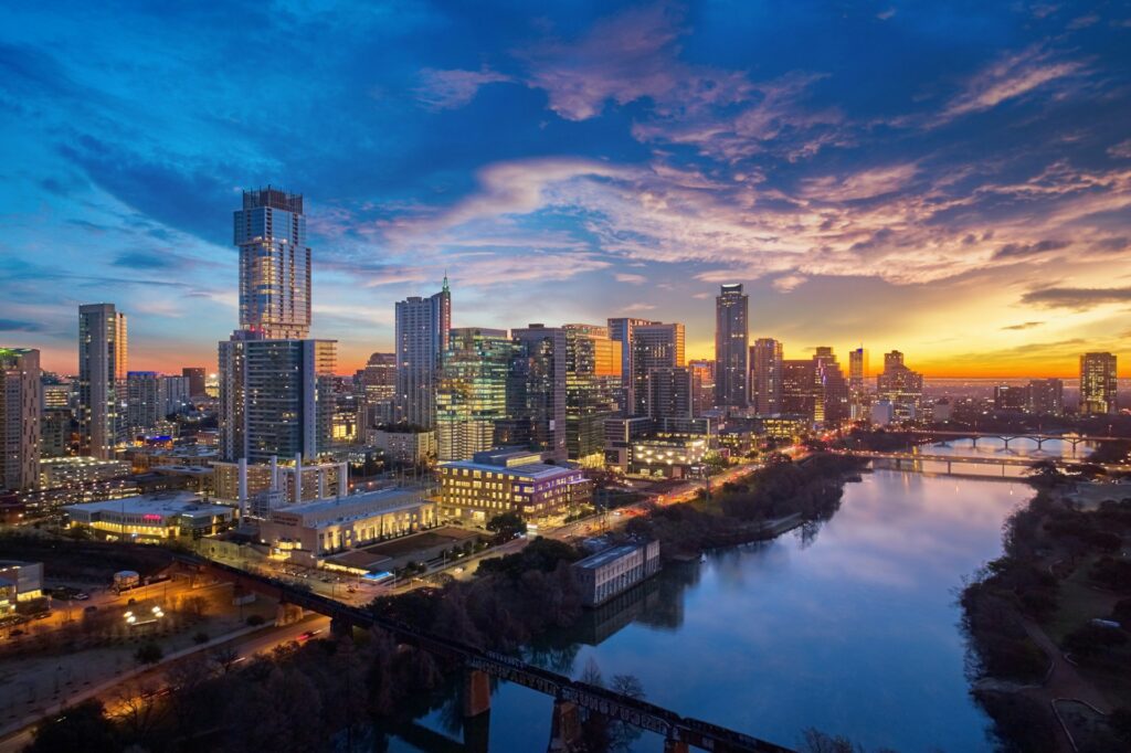 The skyline of Austin, Texas at sunrise